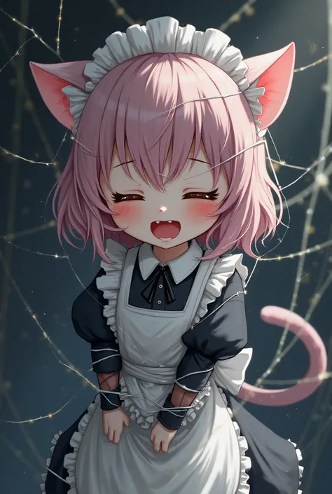 Shy young petite Anime styled Pink haired cat girl maid tied tightly by spider webs with arms and torso unable to move and eyes closed with mouth open feeling pain 