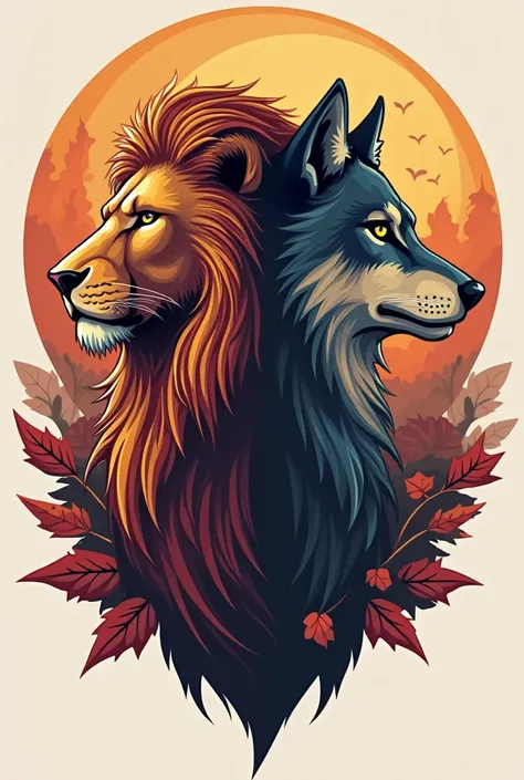 Create a logo with a lion in the left profile and a wolf in the right profile with an autumn color palette