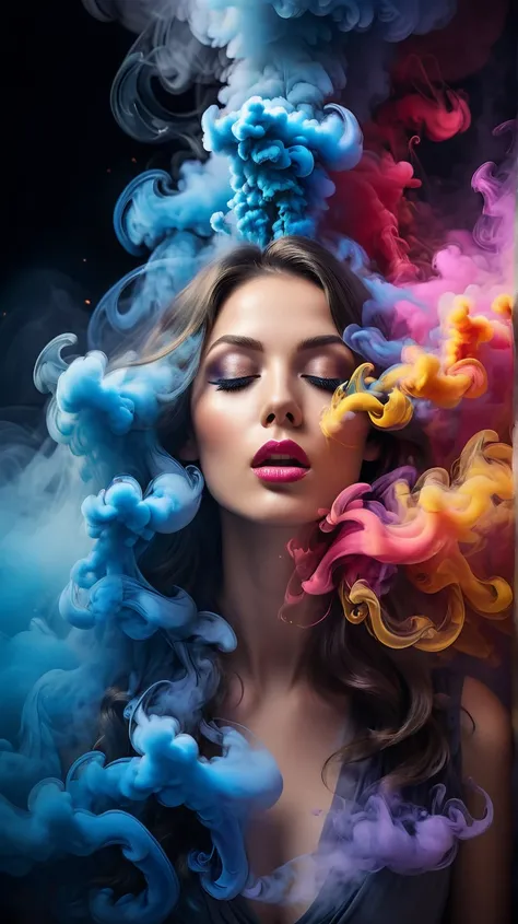 woman breathing out a cloud of multicolored smoke, blowing out of her mouth multicolored smoke