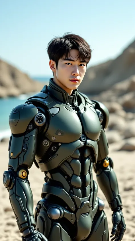 （Two 185cm Korean handsome male star high school student bionic robots），(Chest Full )，（STEREO ABDOMINAL MUSCLE），（ delicate cute face ），（Fragmented cap hairstyle）， inverted triangle body ，Five-Toe ， five fingers，Crotch Full of Details，high resolution, maste...