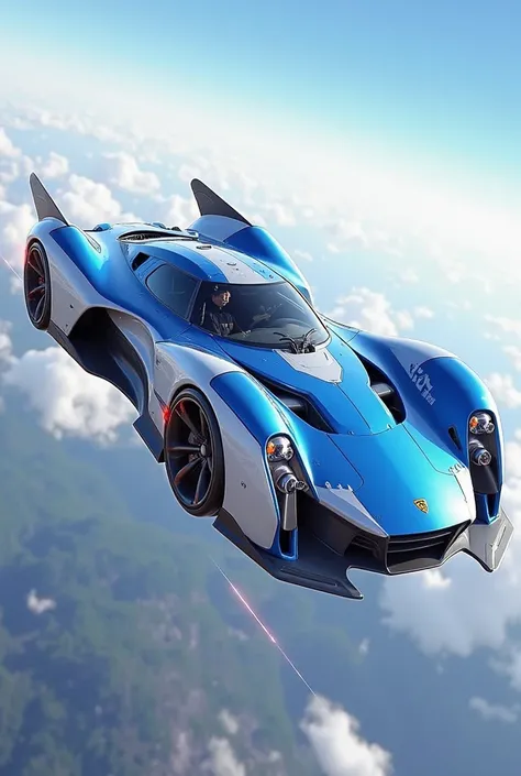 a blue and white flying sports car with wheels and rocket wings on the side