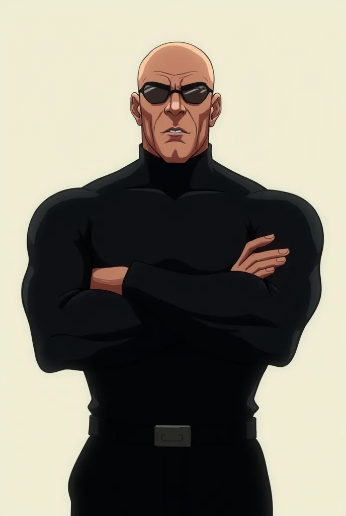 Make me an anime avatar of a bald guy in a black shirt with long sleeves and black pants and black lenses and with a folded arms position
