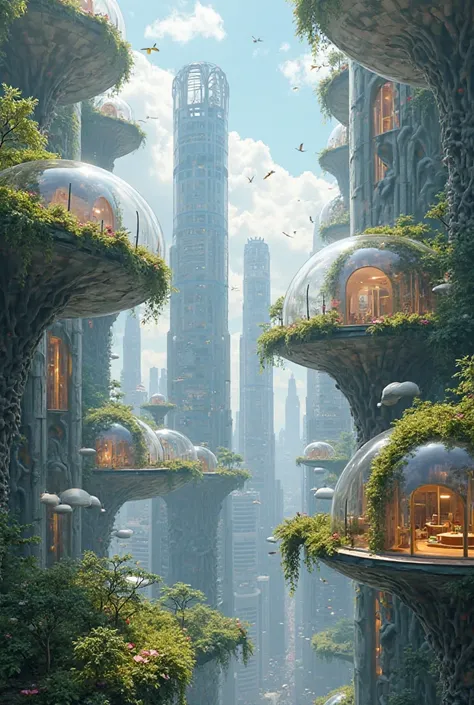 Prompt:
"Describe a city floating in a world where humans fly naturally from birth. Imagine a vertical metropolis that rises for kilometers in the sky, with curved glass skyscrapers reflecting the sun, connected by transparent aerial tunnels that shine At ...