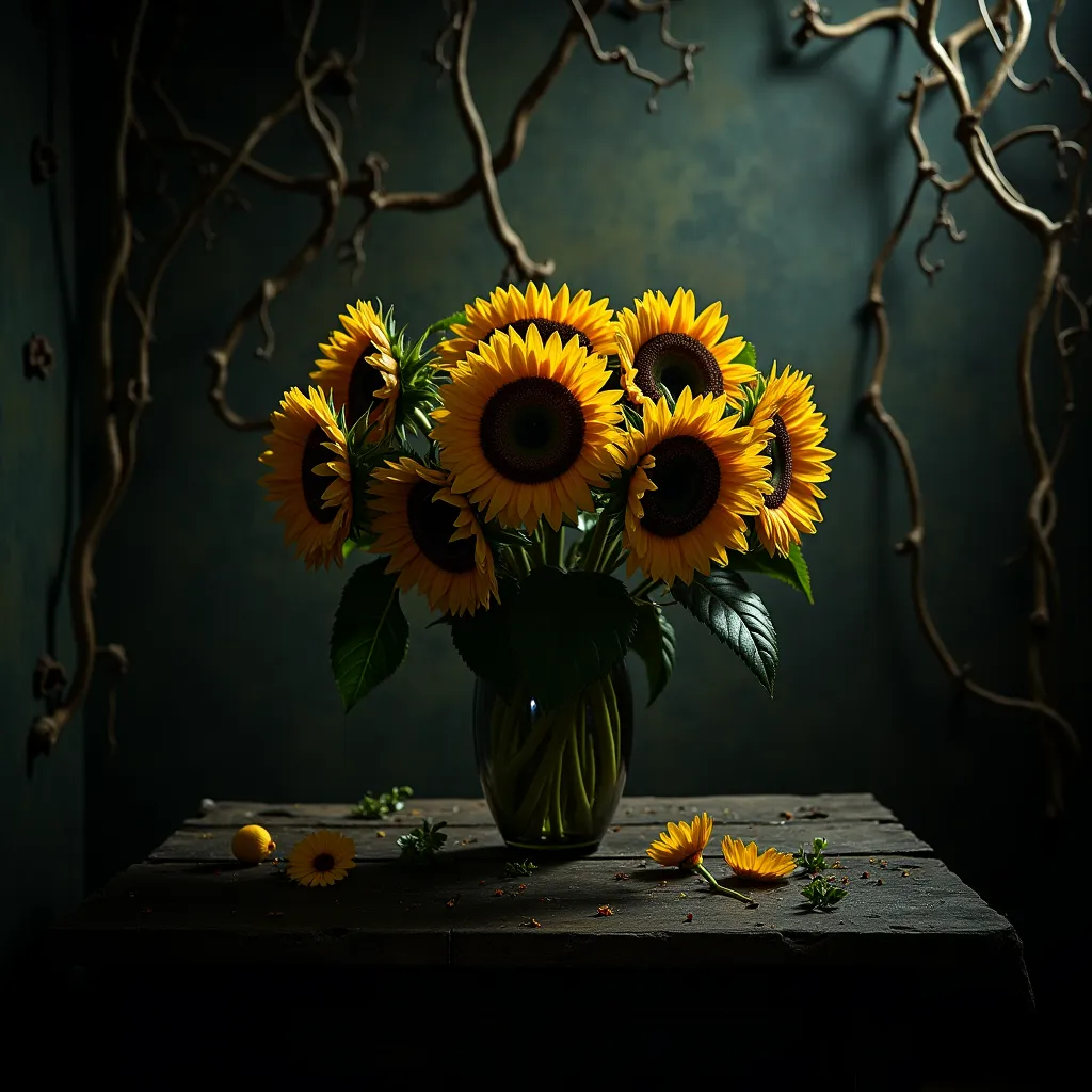 In a dimly lit, eerie room with walls adorned by twisted, gnarled vines, a bouquet of sunflowers sits atop a decrepit wooden table. The sunflowers' once-vibrant petals now wilted and decayed, their stems contorted in macabre poses. But what's most unsettli...