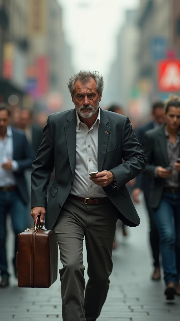 Running and sacrificing in search of money makes us unhappy. Man of about 35 years running through a crowd talking on his cell phone with a briefcase in his hand, He looks like a misaligned office worker with dark circles and a worried face