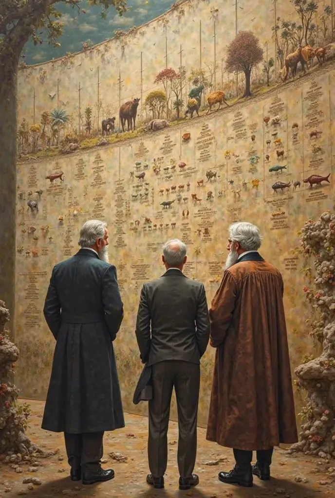 Lamarck, Darwin, and de Vries standing in front of an evolutionary timeline with various animals and plants evolving.