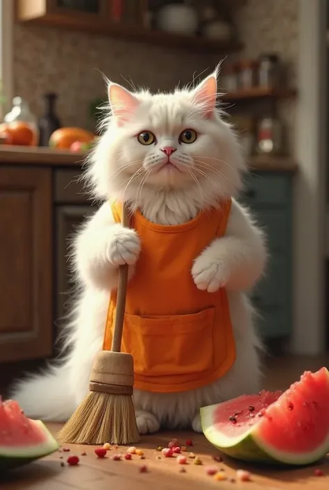 The fluffy white Persian cat, still in its orange apron, is now cleaning up the kitchen. It holds a small wooden broom in its paws, sweeping watermelon seeds and bits of rind from the floor. The kitchen remains the same cozy, rustic space with warm lightin...