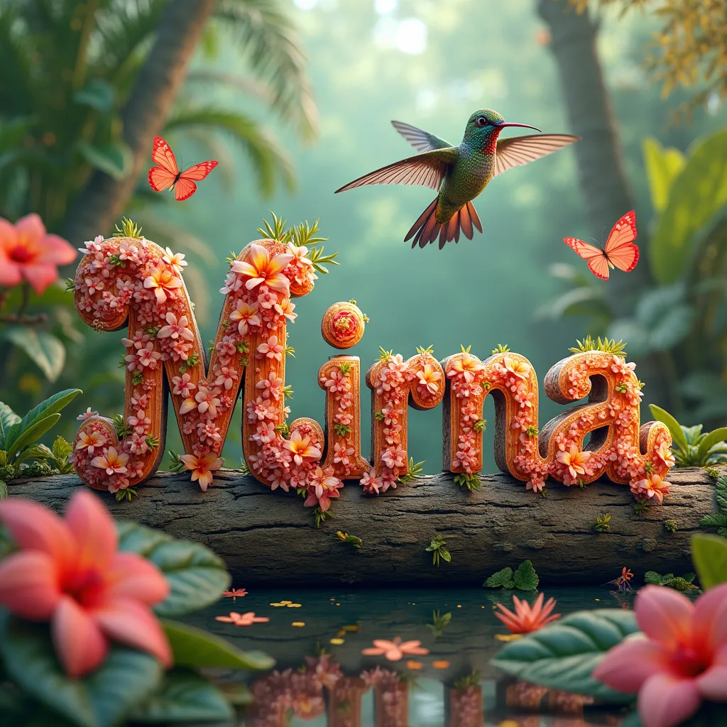 A mesmerizing 3D render of the name "Mirna" beautifully crafted on a wooden log, showcasing intricate detail and vibrant colors. The log is situated
in a lush, tropical setting surrounded by exotic flowers and lush greenery. " are adorned with delicate, vi...