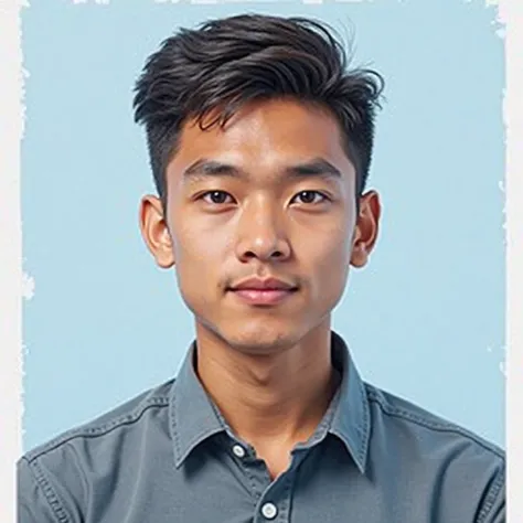 Generate a 2x2 inch formal ID photo of a male high school student. The subject should have a neat haircut and a neutral expression. He should be wearing a school uniform or a collared shirt in a solid color. The background should be plain white or light bl...