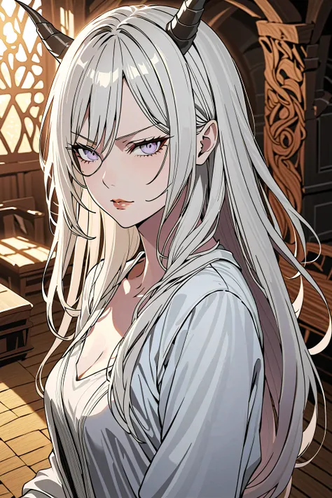 front view,
1girl,mature female,milf,looking at viewer,
Best quality,masterpiece,soft light,official art,high quality,highres,absurdres,epic scene,natural textures,ootsutsuki ,pale skin,hikimayu,long hair,white hair,horns,colored skin,lipstick,white eyes,n...