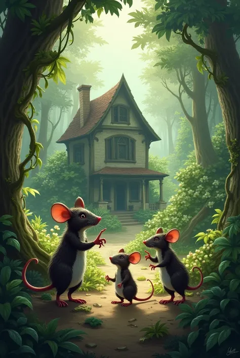 In that 3 rat walking in the jungle, one rat pointed at a abandoned house