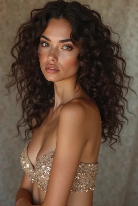 Create a very sexy model,  with curly hair , Branquinha, And with a very sexy neckline