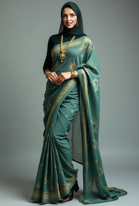 A stunning woman in her twenties is elegantly dressed in a designer printed saree, featuring a full-sleeved blouse and a gracefully draped long green and blue georgette saree. She wears a matching printed hijab that beautifully and traditionally covers her...