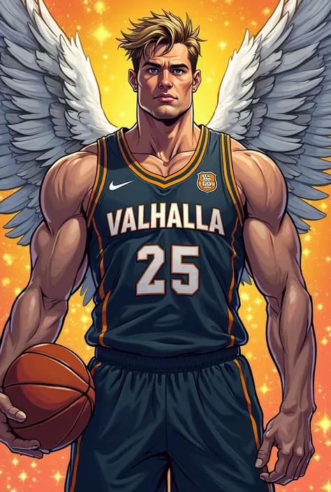 Make me a cartoon panel image, a black tank top of a basketball team with gray details , And the name of the team Valhalla , As a symbol an angel with a basketball 