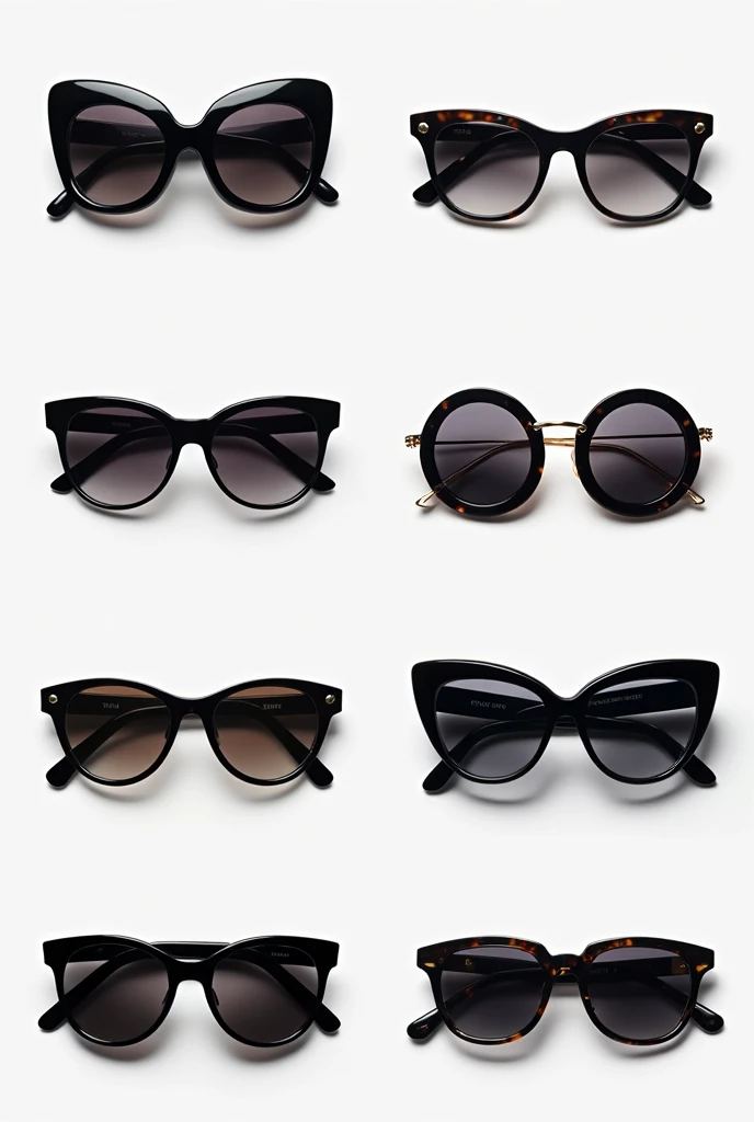 generates 10 dark sunglasses for elegant women, of different models, on a white background or white wall, without a human person or model to use them, only the 10 pieces in an image with different designs but that are dark