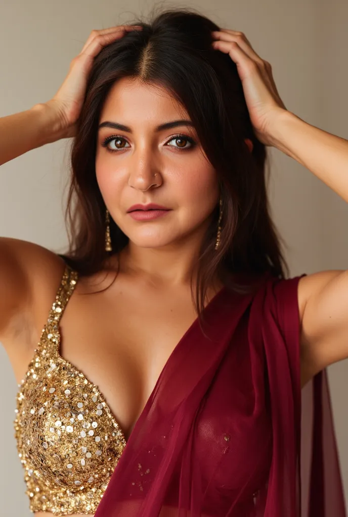 Generate a close up front image of a woman in a maroon semi transparent sleeveless saree. The blouse is golden colour with mirror sequins. It has no sleeves and has a golden satin finish. The woman is giving a sexy, seductive and bold. Her hands are up adj...