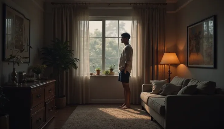 photorealistic image of the living room, in which the light is dim, near the window, is standing next to her by a young man in shorts