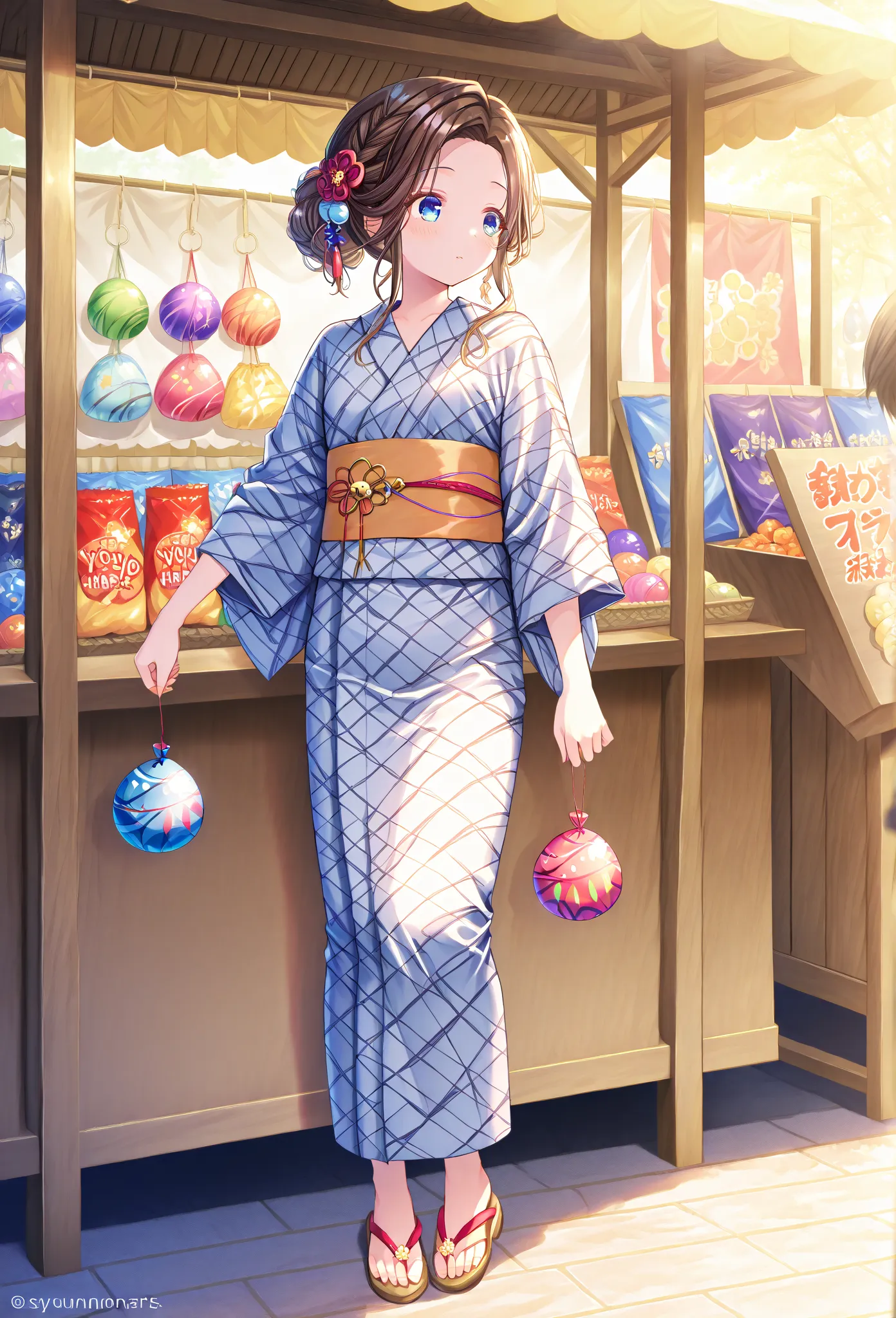    young  , color々 hairstyle,yukata,stall,Sandals,fair,holding food,Water yoyo