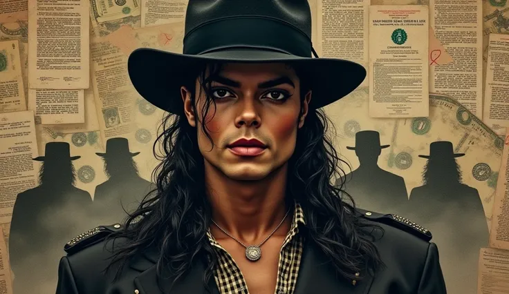 A conspiracy-style collage with images of Michael Jackson, legal documents, dollar bills, and shadowy figures in the background.

