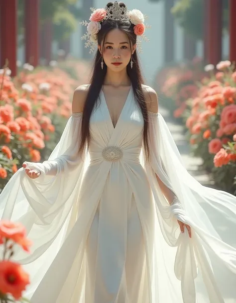 A Chinese princess, a woman with long straight hair, wears a white Chinese dress with elegant, simple long shoulders, an abundance of floral hair ornaments, high hair boxing in a palace with flowers, looking at the camera, holding a long white cloth, a lot...