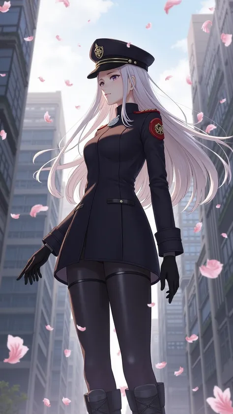  standing in the background of the city 、and features a gorgeous belt。long gray hair swaying in the wind、the black military uniform is accented with a red epaulette。wear a black military hat with a decorative patch on the head、A silver necklace shines arou...