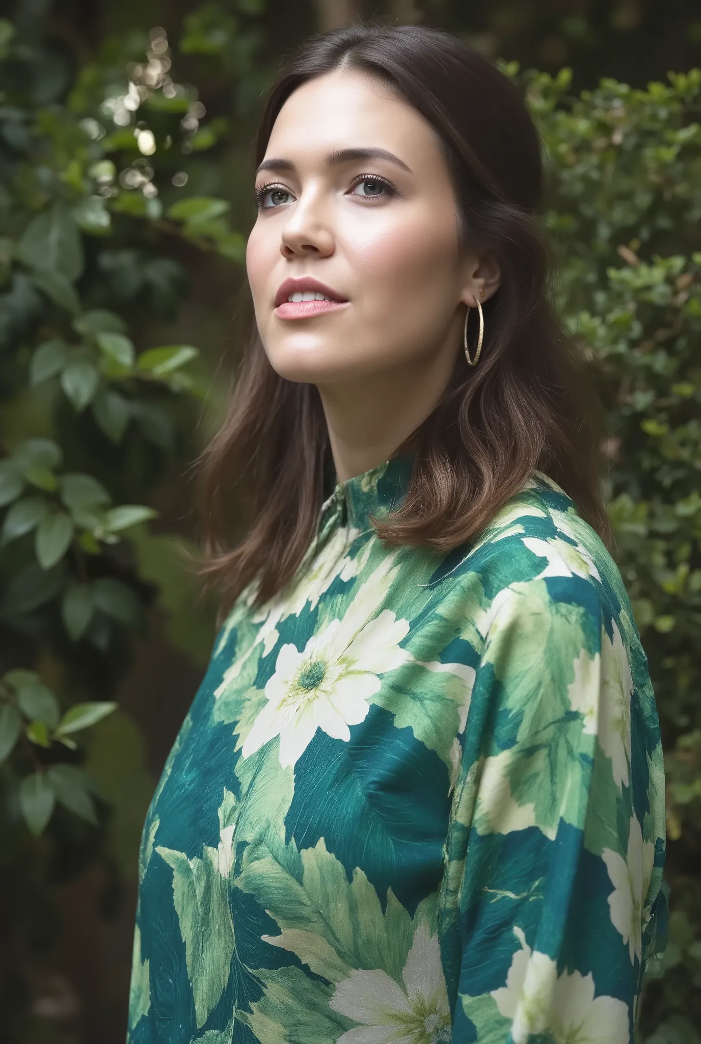 best quality, highres, 8k, masterpiece, photography, detailed midbody photorealistic portrait. Mandy Moore wears a pastel-colored qipao with floral patterns, reminiscent of her style in This Is Us. The fabric is a lustrous emerald green silk with subtle si...