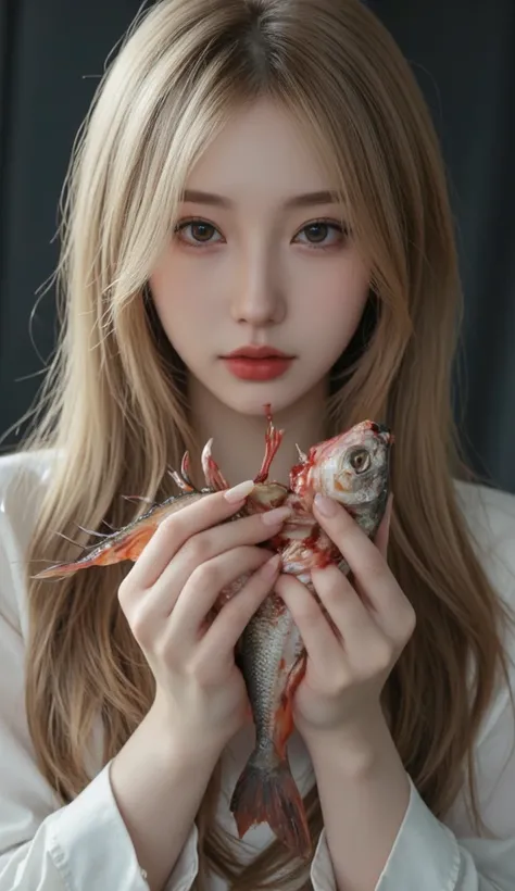 3k, UHD, masterpiece, blonde long hair, glasses, bloosy lips, mouth open, random expression, beautiful korean woman grabbing bloody gore raw ripped fish with her long sharp nails, bloody claw-like