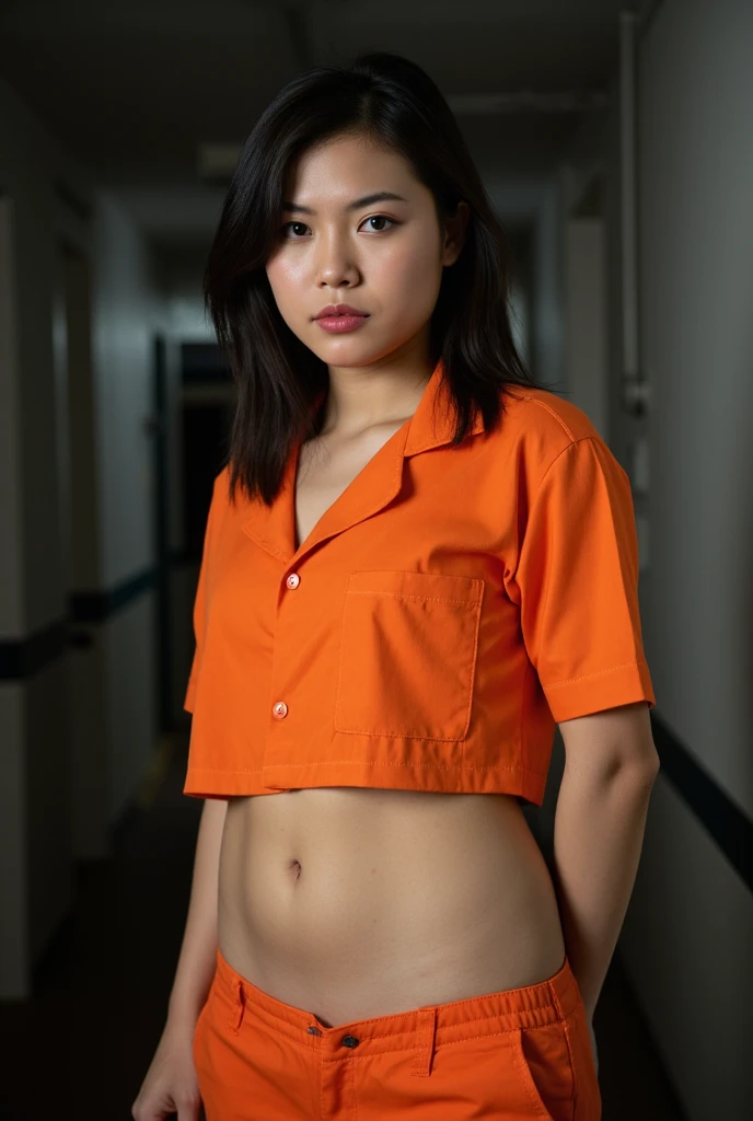 Asian woman in prison, orange cropped prisoner uniform, orange pants, (low rise), Expose a lot of belly, ((dress properly)), cover the chest, 35 years old, sharp focus, 