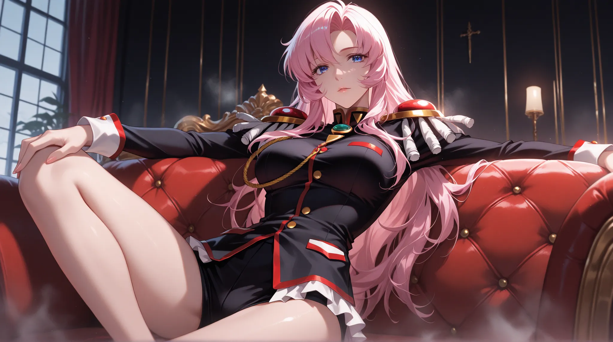 masterpiece, best quality, vibrant, very aesthetic, high contrast, semirealistic, newest,,a very beautiful woman, One person,,Utena the Tenjou,Shoujo Kakumei Utena,,sit cross-legged, steam,  luxury sofa,arched window, black clothes,Wrinkles on clothes ,  b...