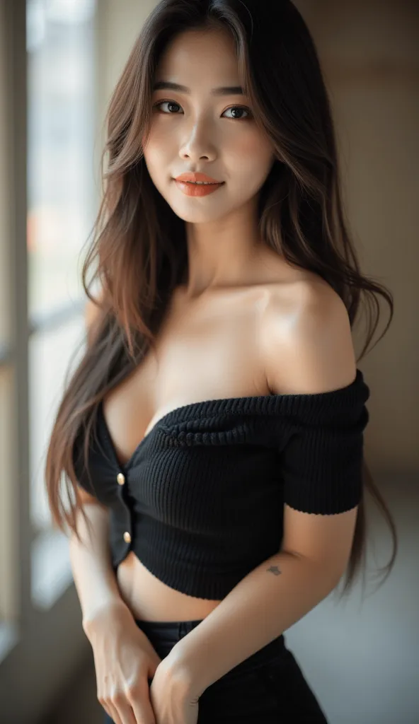 "A stunning, sexy Asian woman with a seductive expression poses confidently in a high-fashion setting. She wears an off-shoulder top that elegantly reveals her collarbones and shoulders, exuding allure. Her bold fox-eye eyeliner emphasizes sharp, captivati...