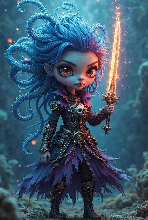 A cute character,sexy pirate female zombie, gothic armour style with skulls , with hair based on a jellyfish tentacles scattered in the air in spiral , big deep eyes, holding fire vibrant blue sword with spikes electrify with flourishing color, spiral digi...