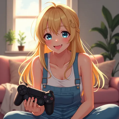 anime woman, long blonde hair, blue eyes, White tank top, blue denim overalls, toned arms, at home, indoors, sitting in sofa, holding Playstation console, cheeky grin, leaning forward slightly, tongue out