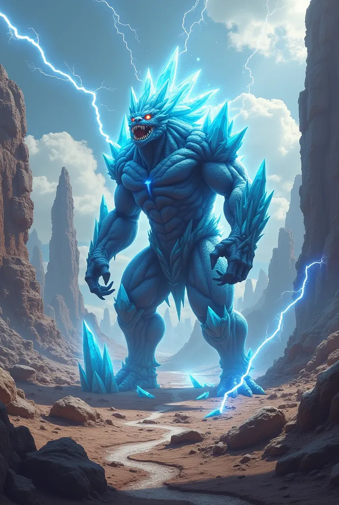 The environment reflects the fusion: a rocky landscape with massive crystals jutting out of the ground and bolts of energy shooting into the sky. The hybrid creature stomps, causing the ground to crack and crystals to rise from the earth.