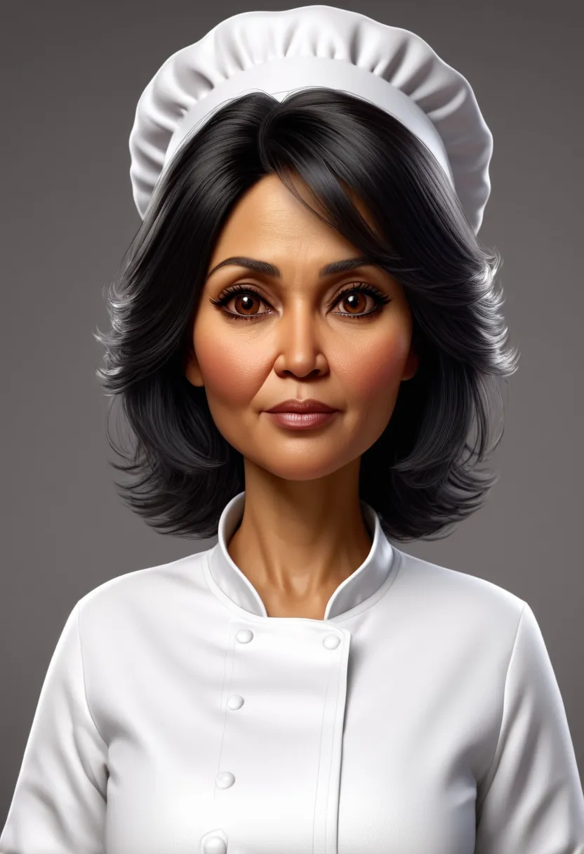 Create a realistic image of a 60-year-old woman. She has medium black hair. She has brown skin and brown eyes. She is wearing a white cheff cook outfit. She is a fat woman. Create a 4k image