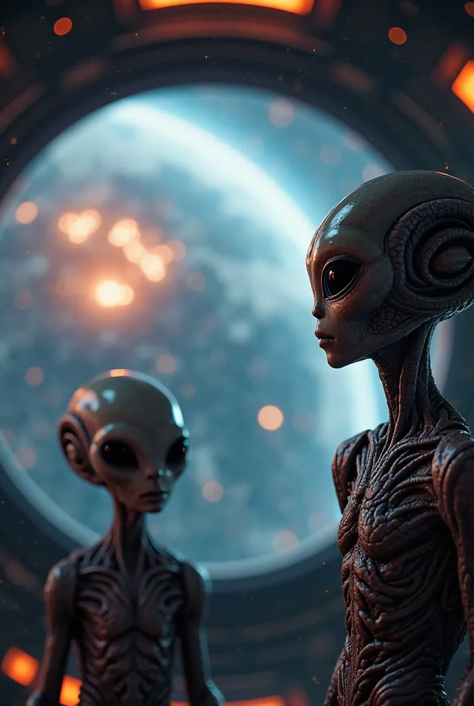 "An 8K UHD image of aliens observing Earth from a spaceship, symbolizing their interest in us. The scene is vibrant and dramatic, with detailed textures of the aliens and the glowing Earth. The background is soft and blurry, emphasizing the observation."