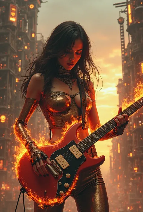  beautiful woman in an enamel bodysuit、The flames are out and I'm playing a burning electric guitar。Steampunk style cityscape。