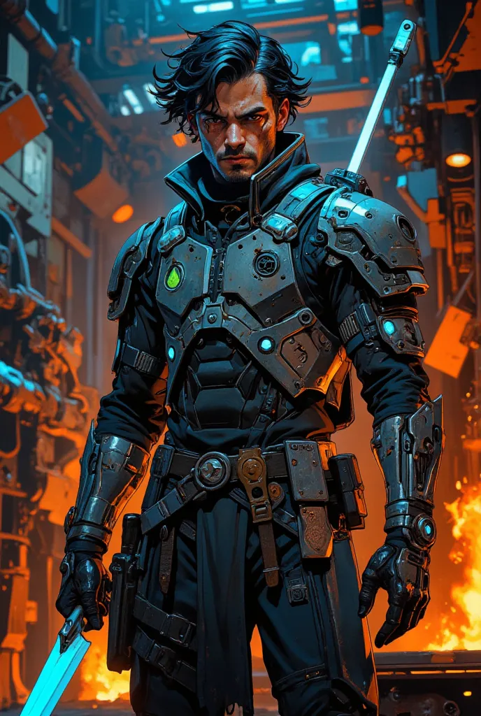 Will Turner, cyberpunk blacksmith, wearing a high-tech armored vest with glowing blue accents, cybernetic arm with built-in tools, wielding a plasma sword, standing in a futuristic forge with robotic arms and molten metal, neon lights reflecting on his arm...