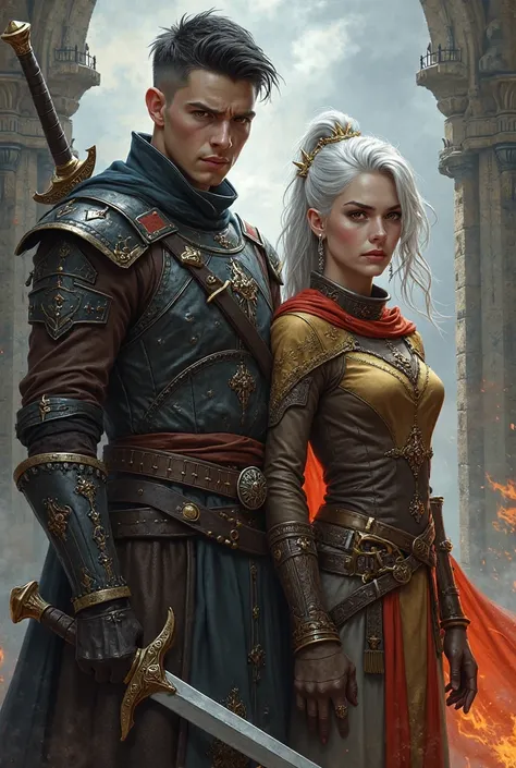 "A dramatic fantasy illustration of two characters standing side by side. The male character, Thorne, in his early 20s, has a look inspired by Geralt of Rivia from The Witcher: dark, short hair (resembling a trimmed, battle-hardened style), sharp features,...