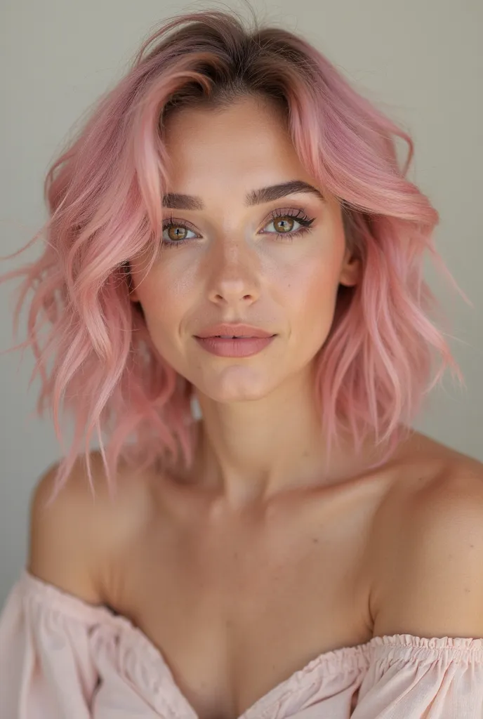 The image features a young woman with vibrant pastel pink hair, styled in soft waves that frame her face. Her hair has a voluminous and slightly messy appearance, which gives her a natural and relaxed look.

Her face is harmonious, with well-defined featur...