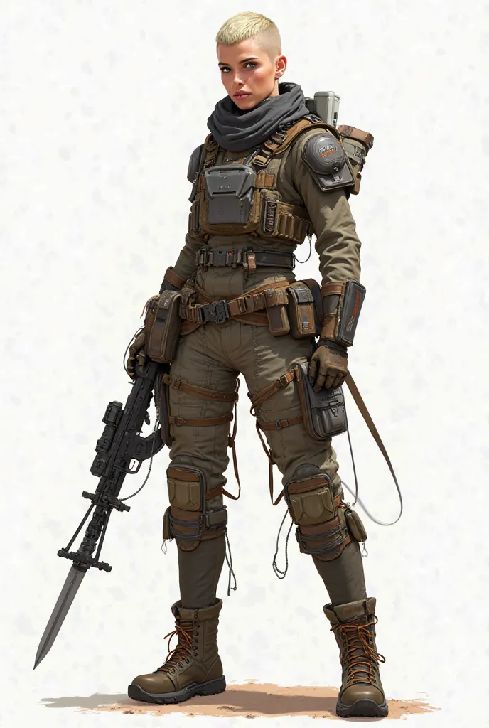 A female character with a buzz cut hairstyle, inspired by the post-apocalyptic, tactical fashion of the Dune universe. She wears a functional, layered wasteland outfit with elements like tactical armor plates, leather details, and multiple utility pouches ...