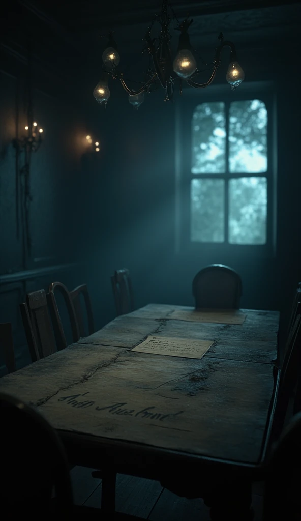 A dimly lit séance room with a wooden table at the center. Several chairs surround it, but the room appears empty. The air feels heavy, and a faint mist lingers in the corners. The atmosphere is tense, as if something unseen is watching. On the table, an o...