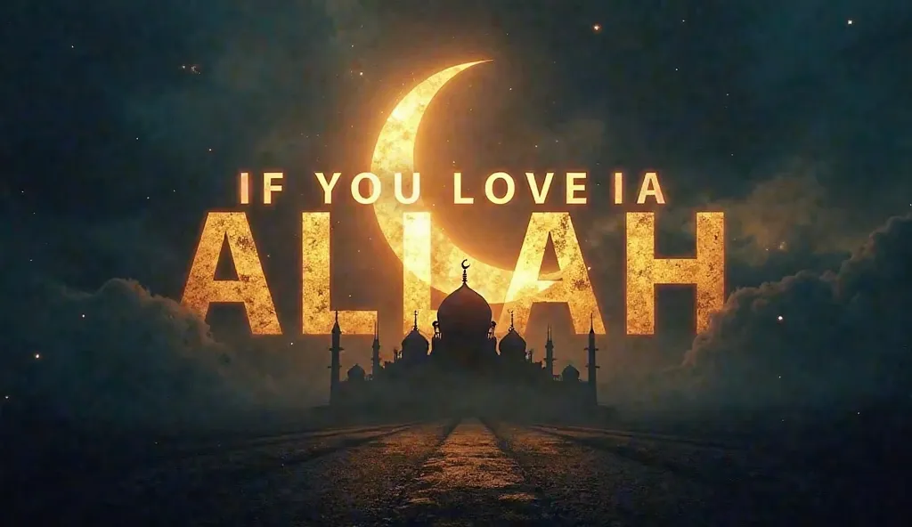 A close-up Islamic thumbnail with the bold English letters text: "If You Love Allah, You Must Watch This!" in large, attention-grabbing letters. The background is dramatic and suspenseful, featuring a glowing crescent moon and mosque silhouette under a dar...