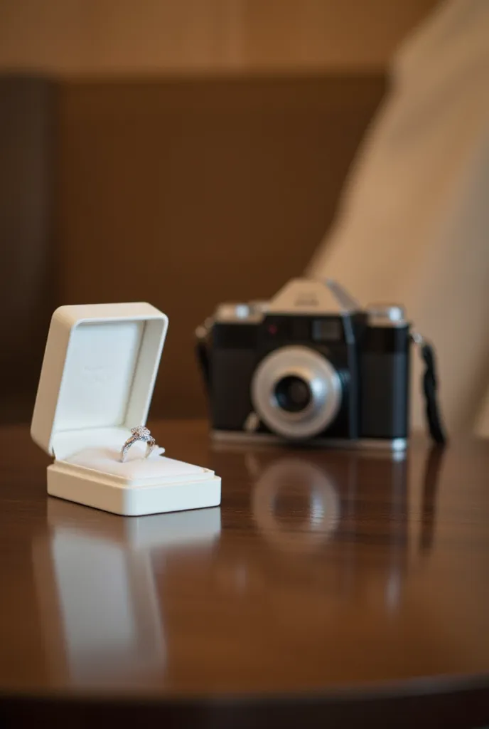 A photograph of the hotel room a shining  engagement ring in a gorgeous box is placed on the table with vintage camera (soft lighting: 1.3), (Emotional bond: 1.2)