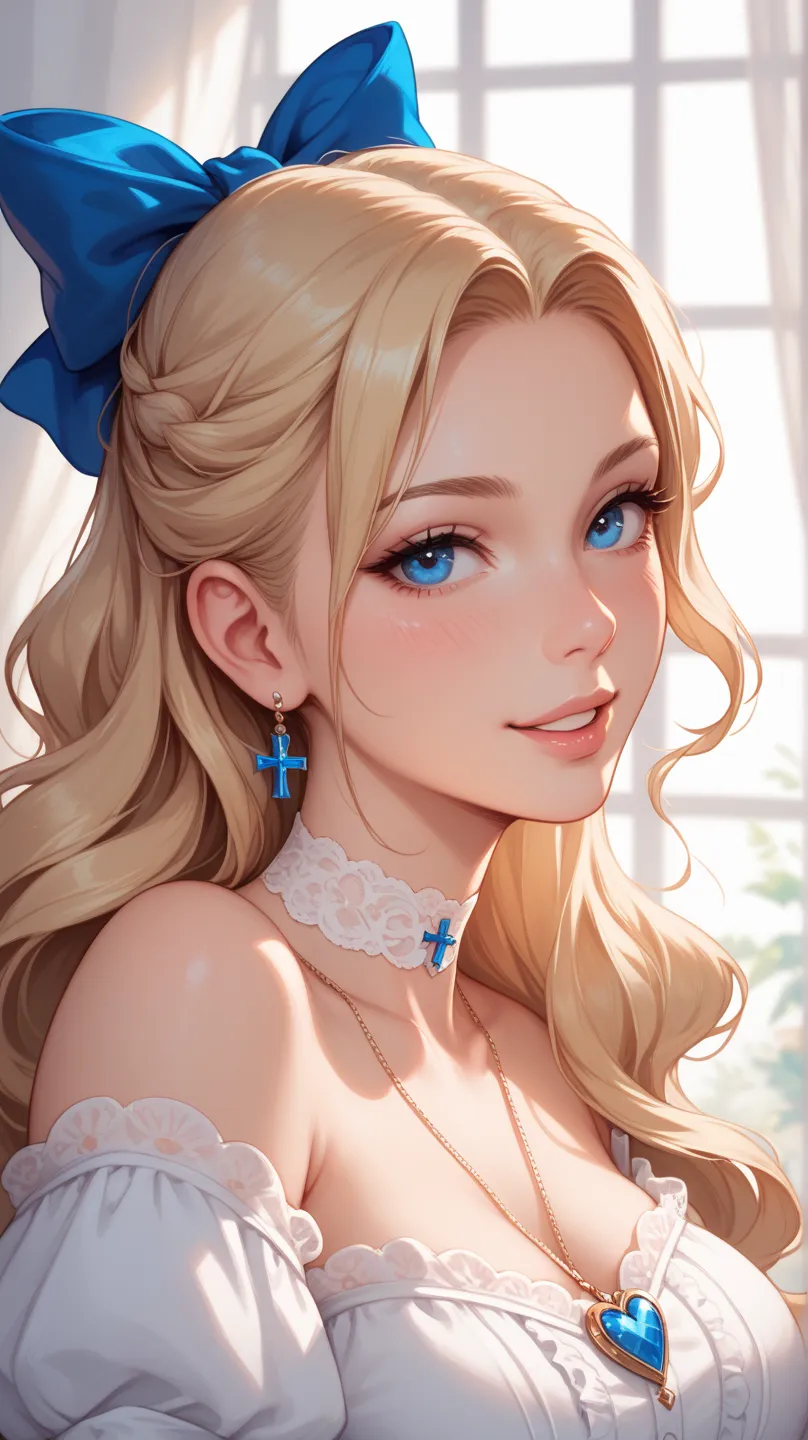 A digital illustration shoot from the side about a sensual portrait of a woman with long blonde hair, adorned with a blue bow, sitting on a bed in a softly lit bedroom. the image also shows a woman in the middle of the image, who appears to be a young adul...