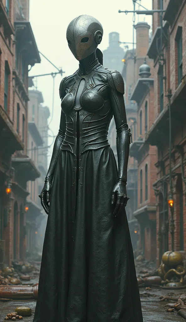 A female android wearing a humanoid mask with only one deep vertical groove engraved on her face is standing。Steampunk Rooftop Building。