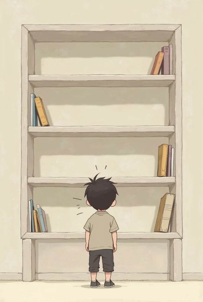 A minimalist illustration of a boy looking at a empty book shelf confusing