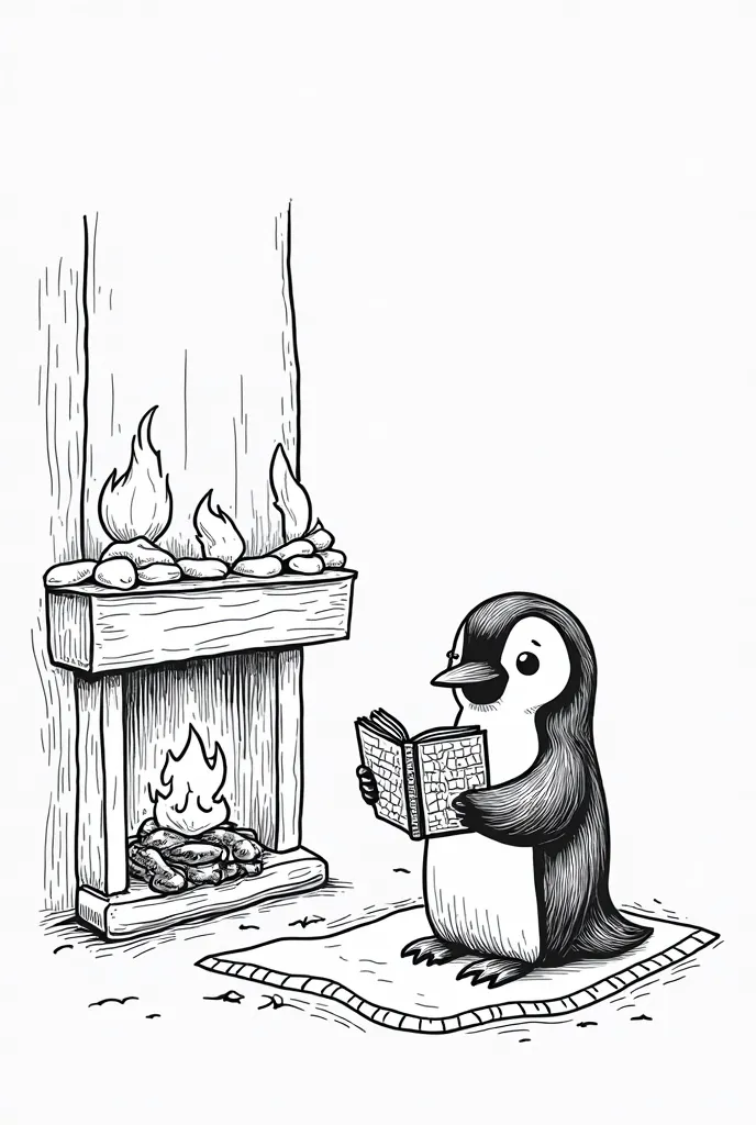 creat a coloring page without colors just black and white about a penguin sits in front of a warm fireplace inside his home, eating a fish and reading a book about polar life.