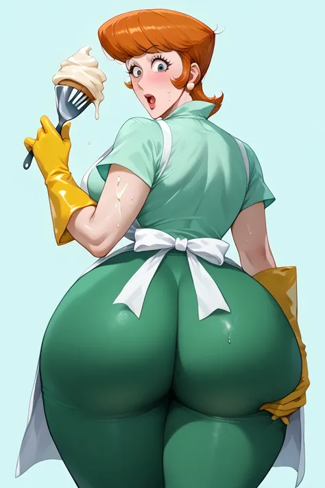 score_9, 1 girl, Alone,Dexter's mom,blush,Mature Woman, Gloves, shirt, apron, green pants,moreover,portrait, mature mature,simple background, thick thighs , Wide Hips ,Thick Ass,Surprised,sweaty, (Spilling lots of cream on body on ass),hold ass,