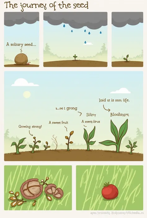 Of course, here is a short comic with 8 images and little text:
Title: The journey of the seed
Image 1:
 * A small seed lies in the soil,  under a cloudy sky .
 * text: "A solitary seed..."
 Picture 2:
 * The seed is reached by a raindrop.
 * text: "...get...