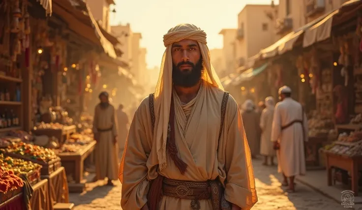 "A grand, ancient marketplace in Damascus, illuminated by the golden glow of the setting sun. In the center stands Yusuf bin Khalid, now a successful and wise merchant, wearing elegant yet modest traditional attire. His face reflects resilience, wisdom, an...